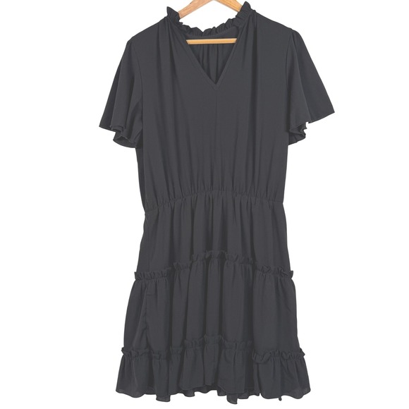 Sarin Mathews Dresses & Skirts - Unbranded Tiered Ruffle Mini Dress Women XL Black V-Neck Flutter Sleeve Casual